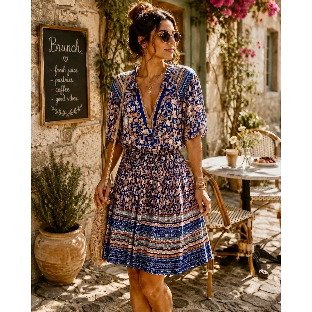Anthropologie Current Air Blue & Pink Floral Boho Dress Medium Smocked $140